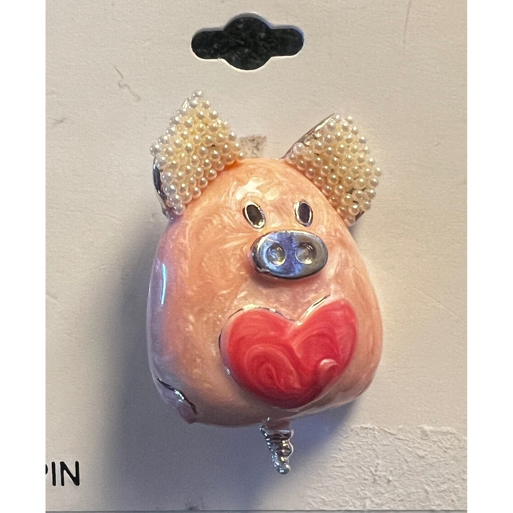 Vintage Pig Pin Brooch‎ with Pearl Bow Cute Heart Pink Enamel Animal Jewelry